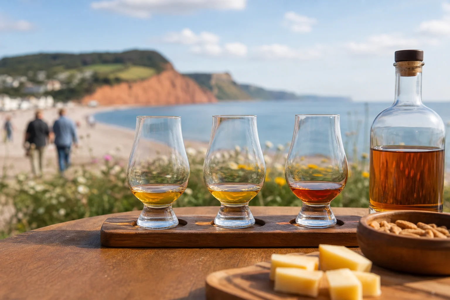 Illustrative image for Devon Drams Whisky Festival: Three glasses of whisky and an unlabelled bottle on a table overlooking a beach and red coastal cliffs.