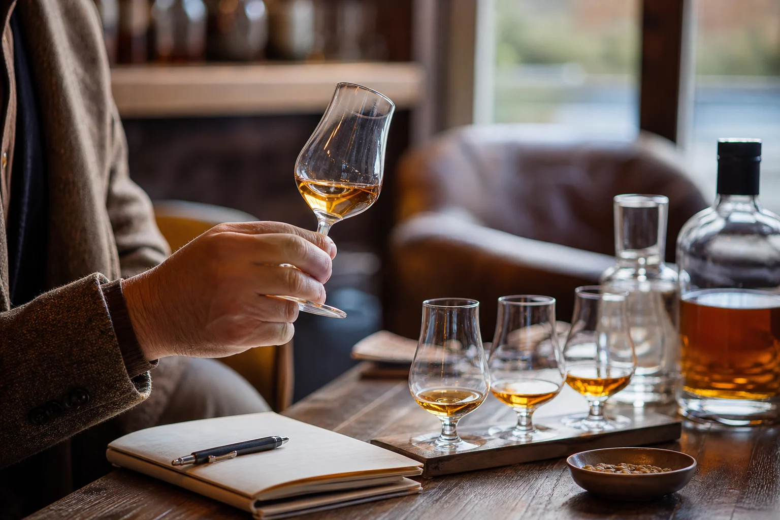 Illustrative image for Devon Drams Whisky Festival: Person holding a glass of whisky beside a table laid with several whisky tasting glasses, a bottle, notebook and snacks.
